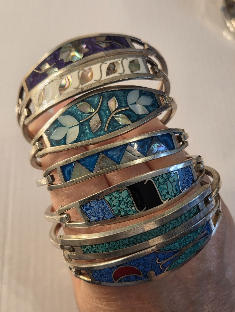 Sterling Silver Filled  Blue and Teal Inlay Bangle Bracelet - Picture 16 of 16